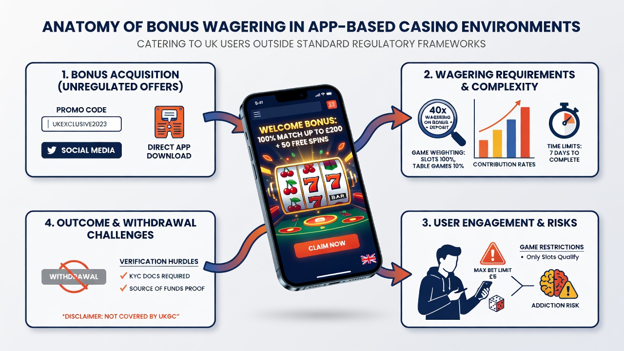 Detailed view of bonus terms and wagering calculator within a casino mobile application interface