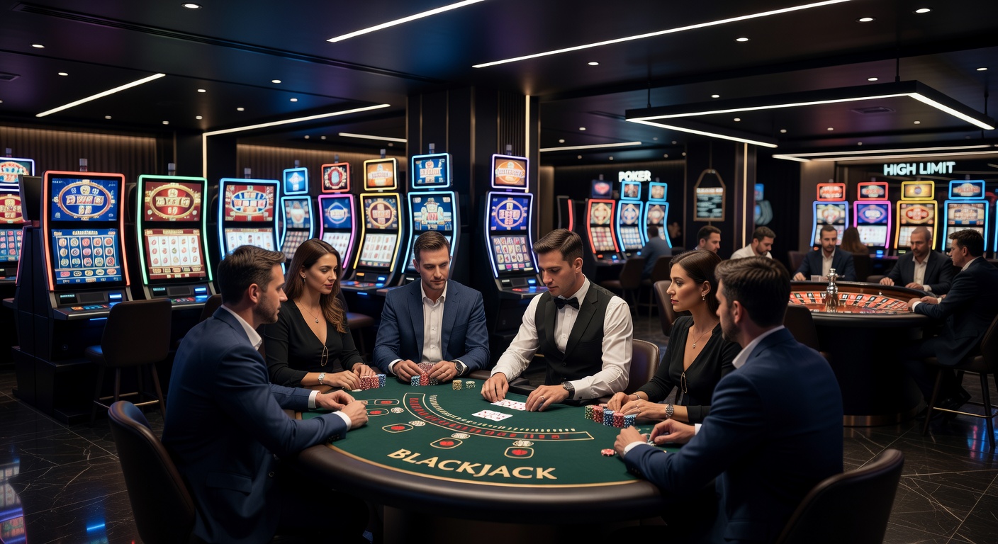 Close-up of a bustling poker table with players intensely focused on their cards, chips stacked high amid green felt