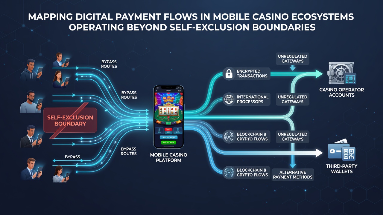 Illustration of mobile payment routing through carrier networks to offshore casino platforms