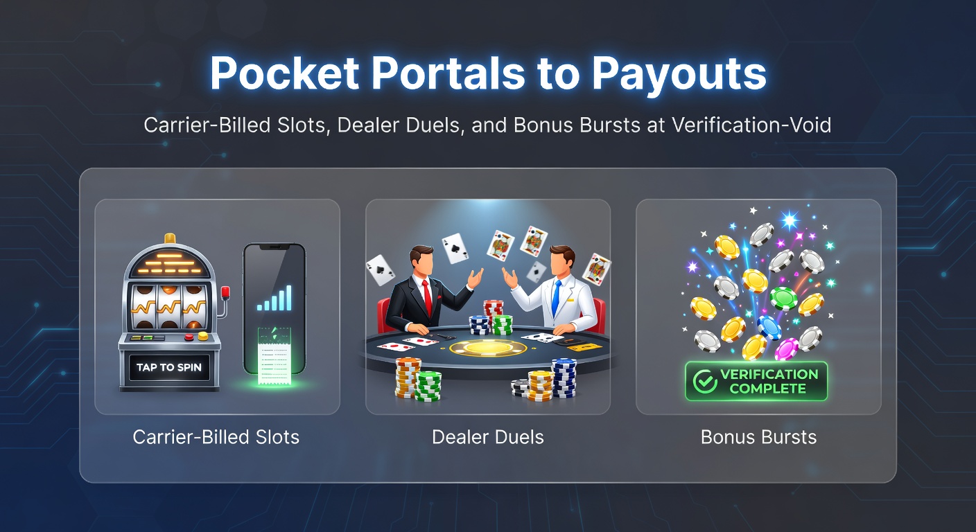 Dynamic split-view of phone bill deposit screen next to exploding slot bonus and live dealer showdown